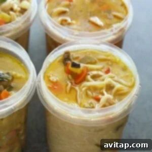 Homemade soup stored in a freezer-safe glass container, ready for long-term preservation, illustrating meal prep.
