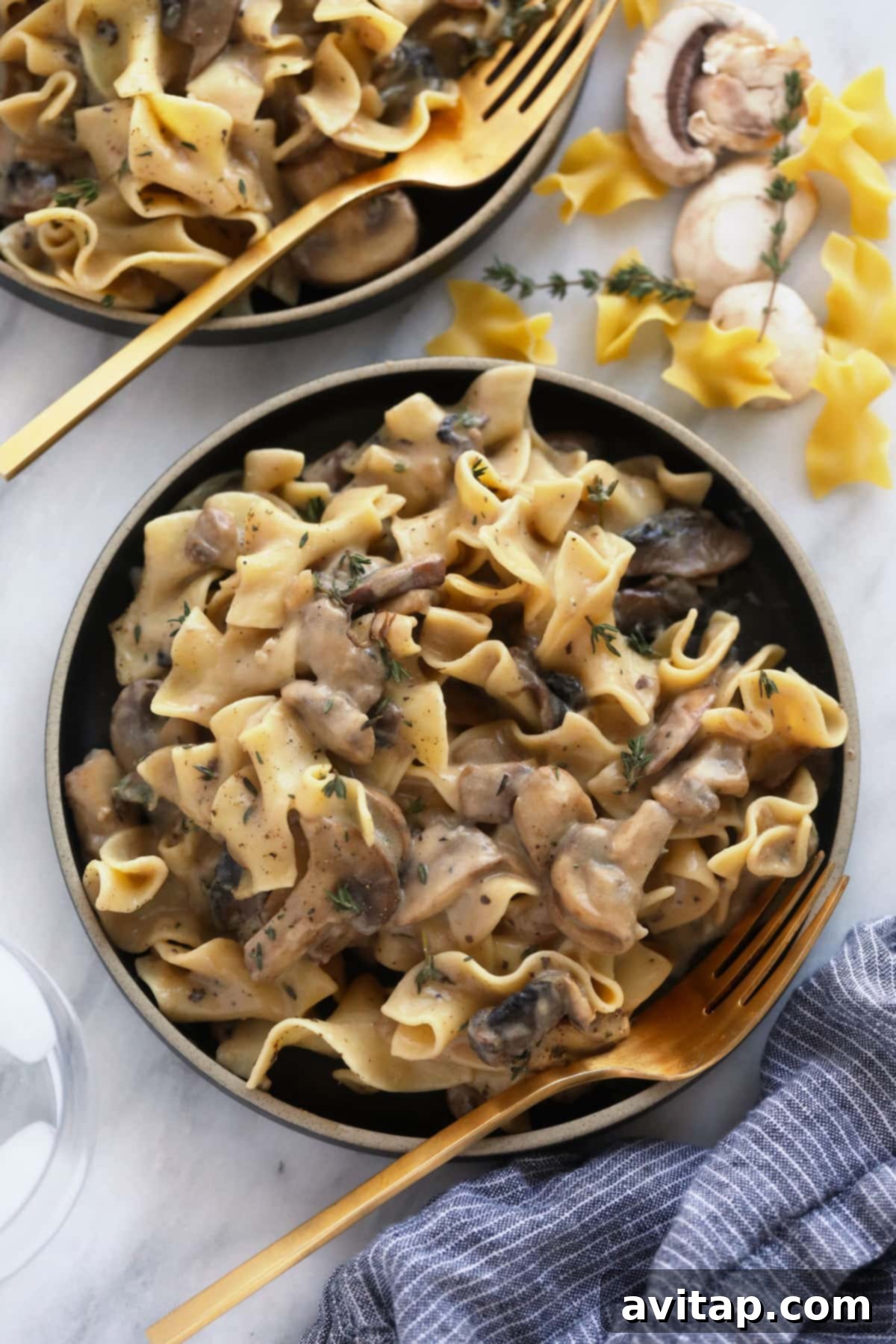 Velvet Mushroom Supper 2 A serving of creamy mushroom stroganoff on a plate, garnished with fresh herbs.