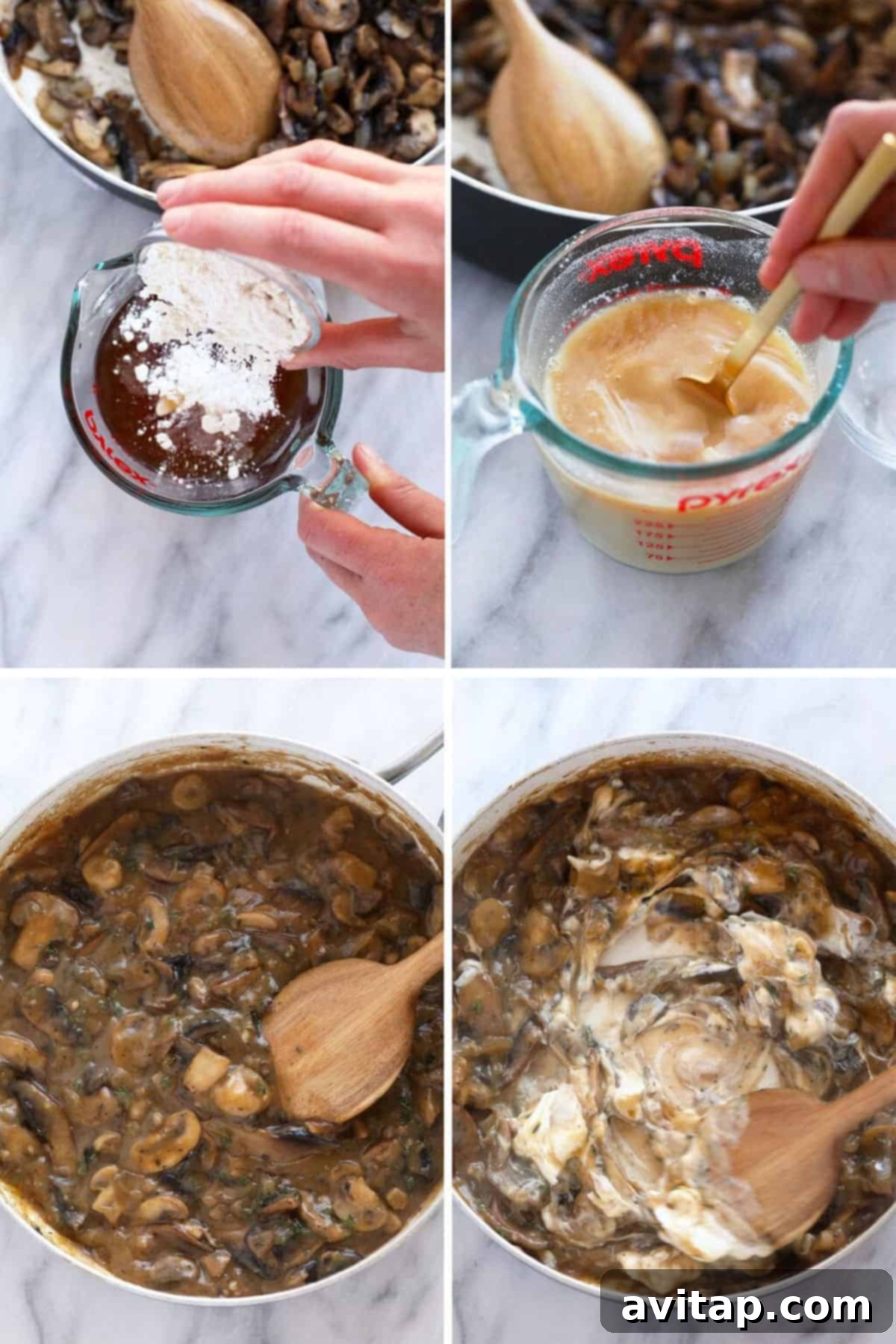 Velvet Mushroom Supper 6 A four-step process showing how to make mushroom sauce, from mixing broth with flour to combining it with sautéed mushrooms and stirring in cream.