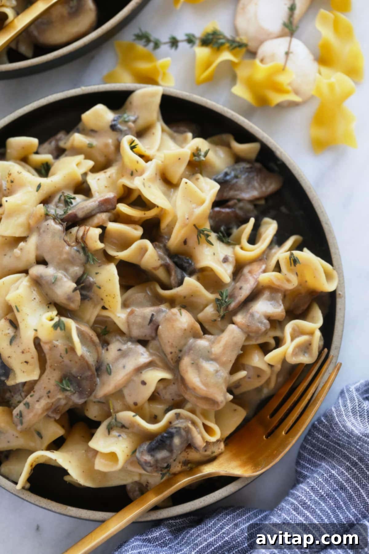 Velvet Mushroom Supper 7 A hearty plate of mushroom stroganoff, ready to be enjoyed as a comforting dinner.