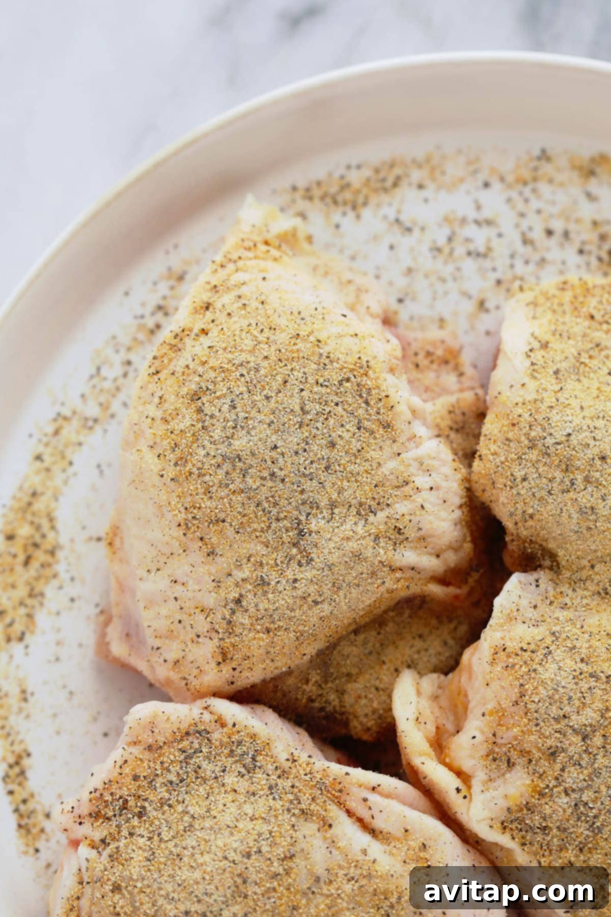 Oven-Fried Crispy Thighs 4 Raw chicken thighs coated with a blend of garlic powder, salt, and pepper on a baking sheet.