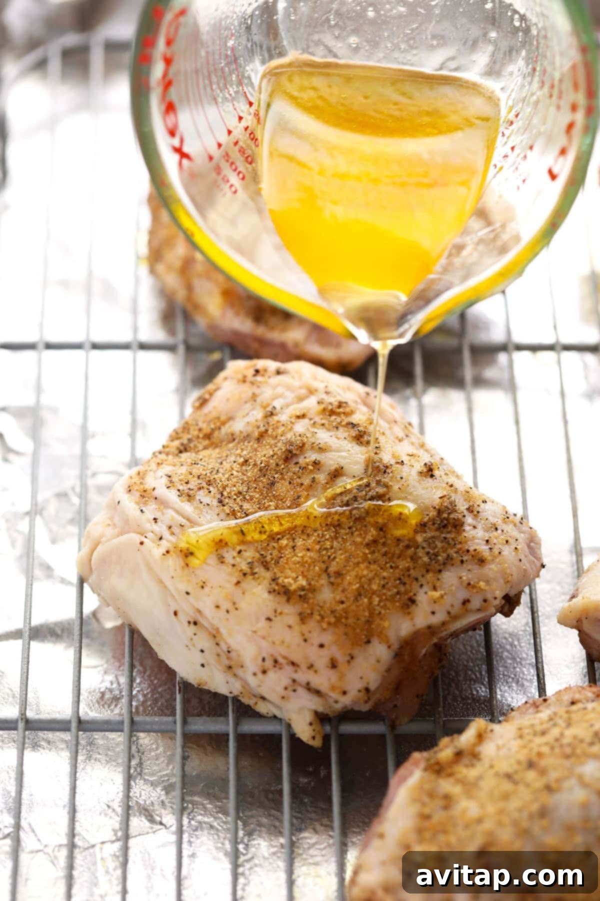 Oven-Fried Crispy Thighs 7 Olive oil and honey being drizzled over seasoned raw chicken thighs on a baking sheet.