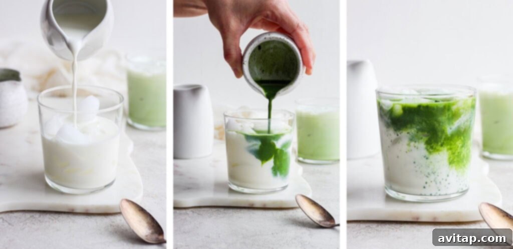 Iced matcha latte in a clear glass with ice, garnished with a straw, emphasizing its refreshing appeal.