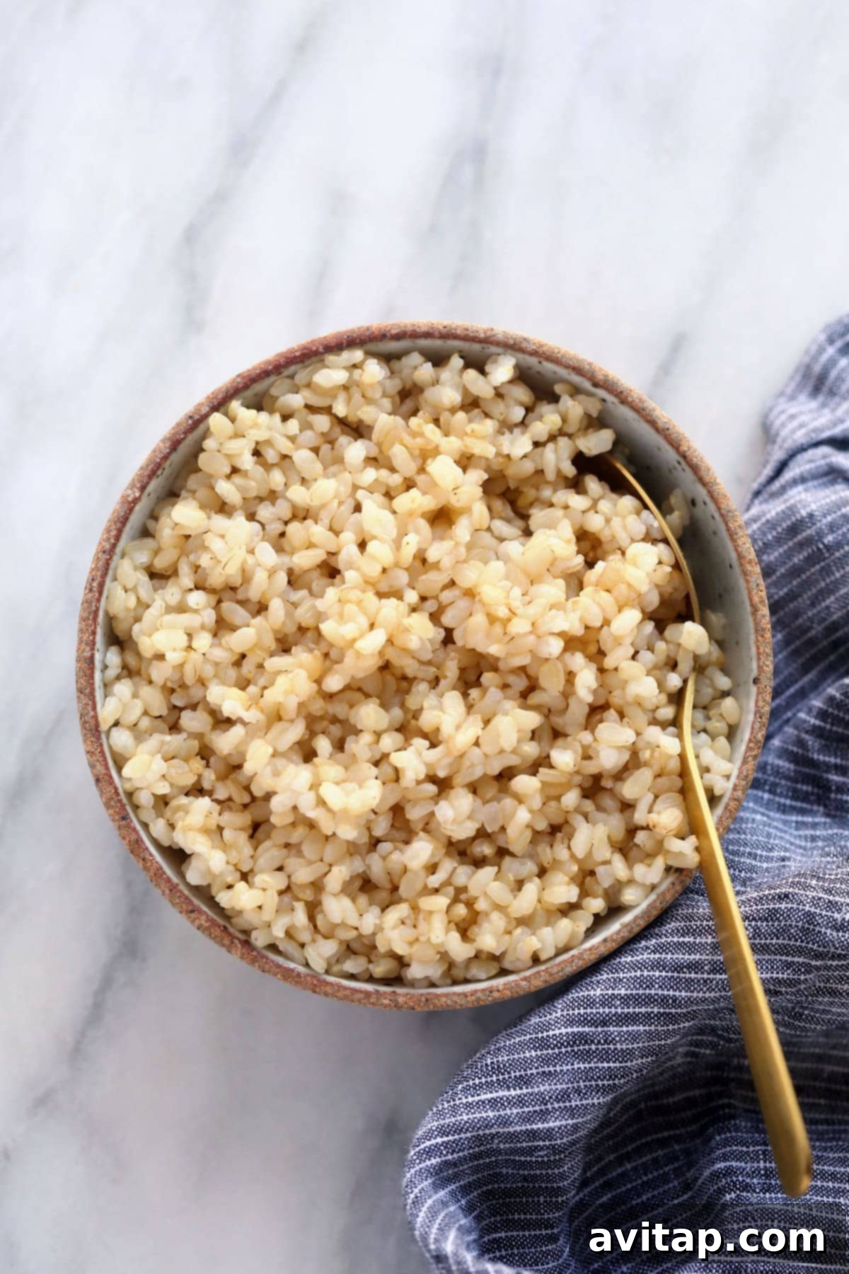 Cooked short grain brown rice in a bowl, perfectly fluffy and ready for any meal.