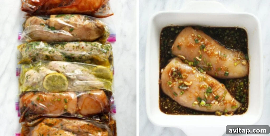 Six different chicken marinades in bags, ready for cooking