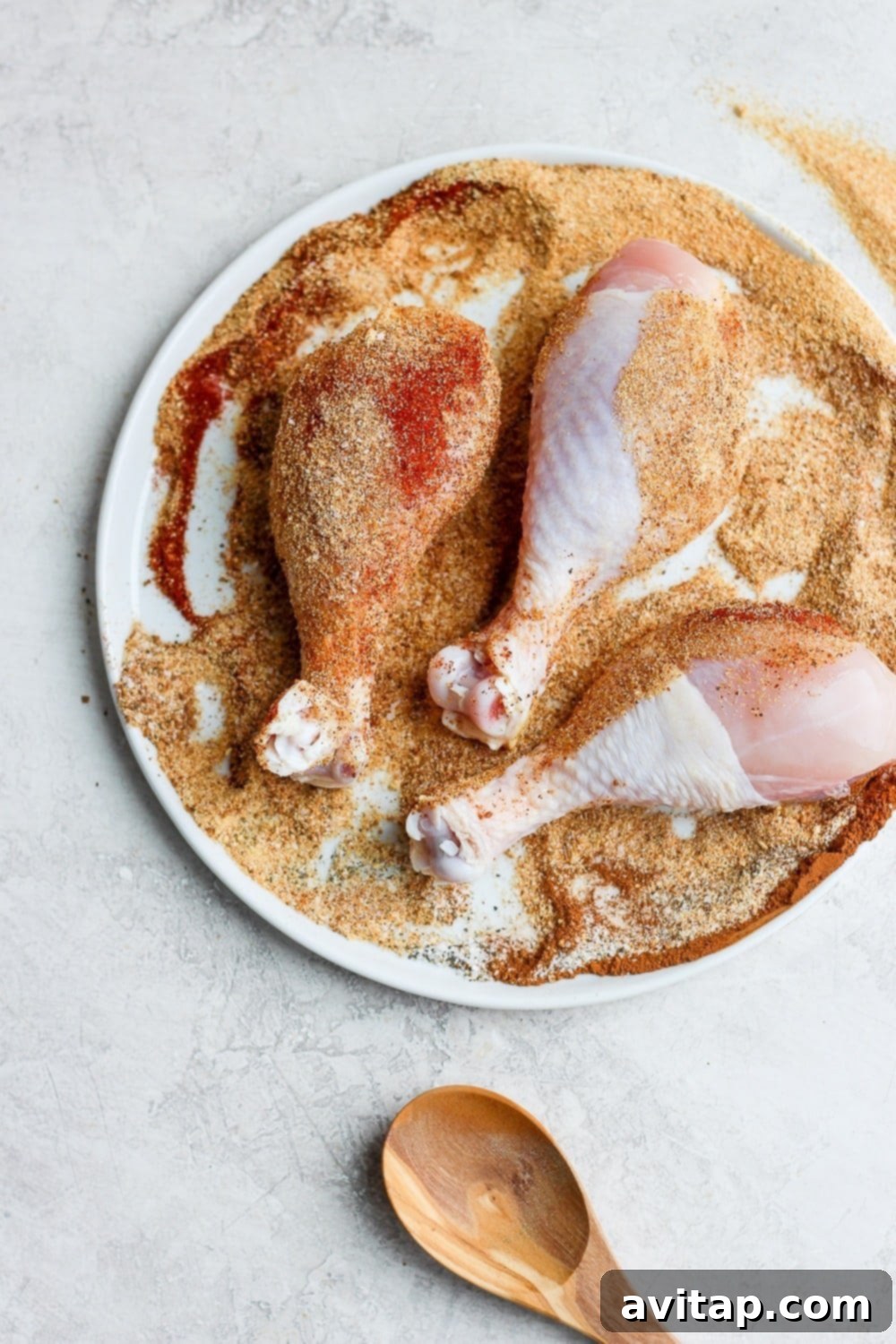 Chicken legs coated in a savory dry rub, placed on a plate for marination