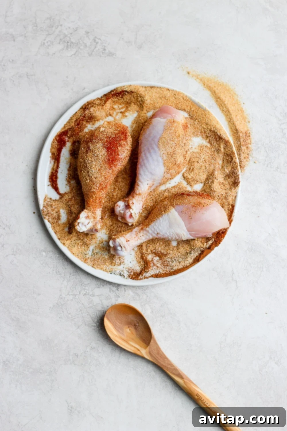 Chicken legs generously coated in homemade dry rub, arranged on a plate and ready for grilling