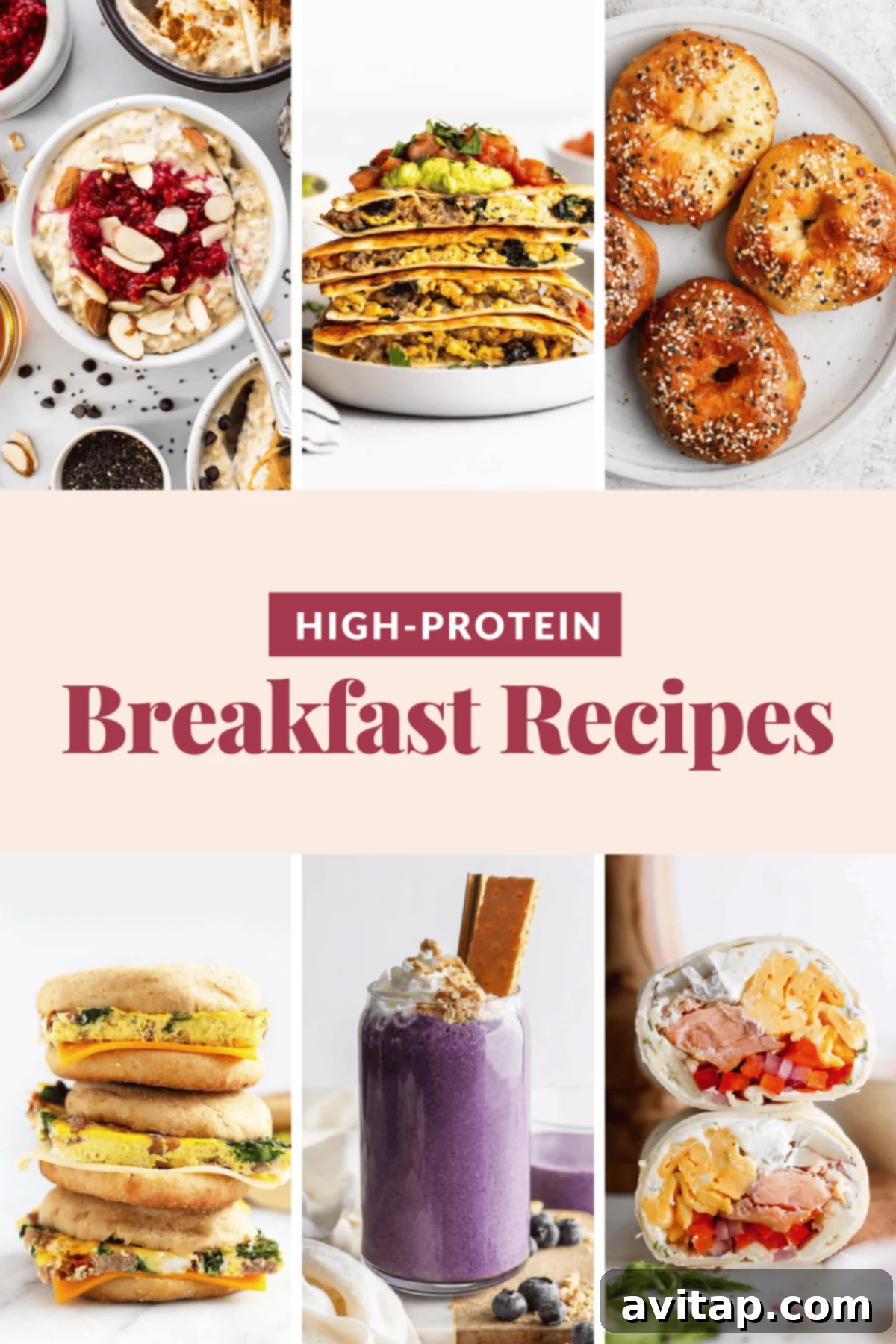 A vibrant collage of high-protein breakfast recipes, featuring a variety of dishes including protein-packed oatmeal, fluffy pancakes, hearty bagels, savory breakfast sandwiches, vibrant smoothies, and satisfying wraps. Each item is presented attractively to inspire healthy eating.