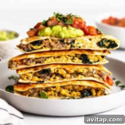 A plate featuring perfectly cooked make-ahead freezer breakfast quesadillas, cut in half to reveal a savory filling, ready to be enjoyed as a quick and satisfying meal.