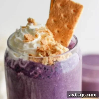 A luxurious, creamy purple smoothie, artfully topped with a swirl of whipped cream and a sprinkle of crumbled biscuits. A whole biscuit sits invitingly beside the glass, hinting at the delicious flavors within.