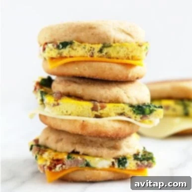A tantalizing photo of perfectly stacked breakfast sandwiches, each featuring a golden English muffin embracing a hearty egg patty, savory sausage, and melty cheese, ready for a delicious morning.