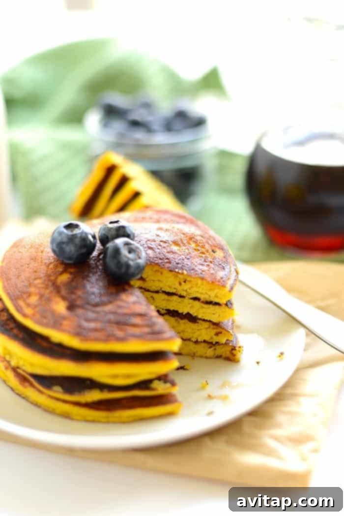Close-up of a stack of Paleo Pancakes made with Coconut Flour, showcasing their thick, airy texture and golden crust, ready for delicious toppings.