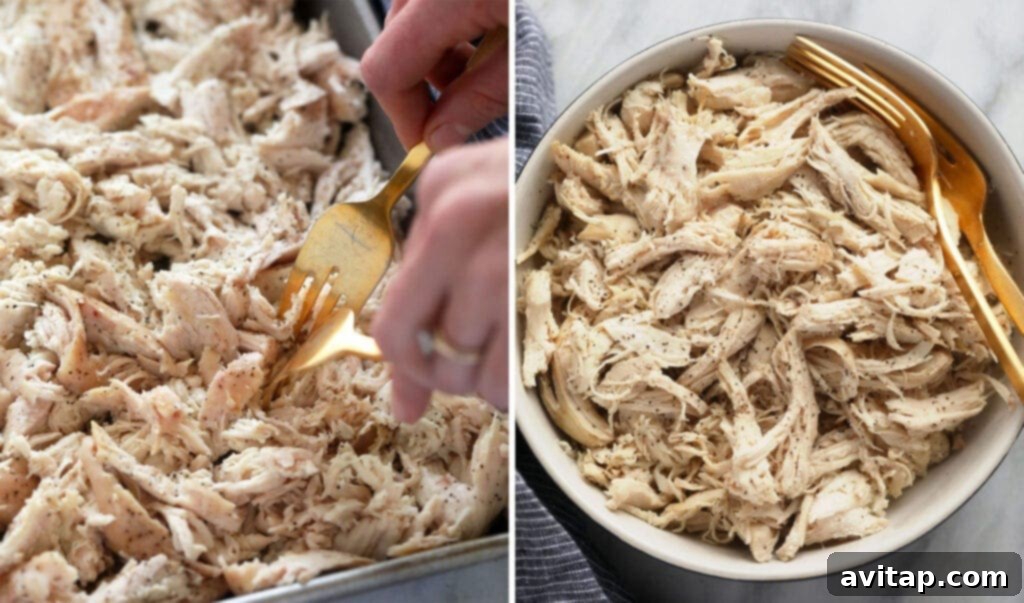Close-up of perfectly shredded chicken breast, ready to be incorporated into burritos or other delicious recipes.
