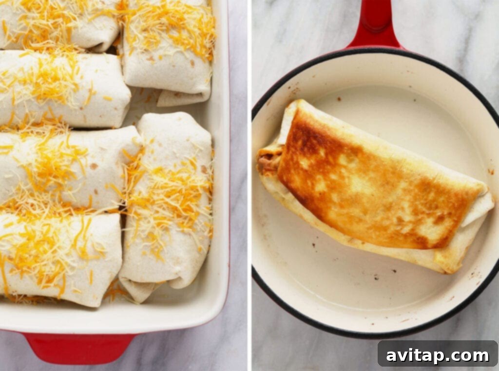 A visual comparison of heating methods: shredded chicken burritos neatly arranged in a casserole dish ready for oven baking, and a single burrito being seared to a golden-brown crisp in a skillet on the stovetop.
