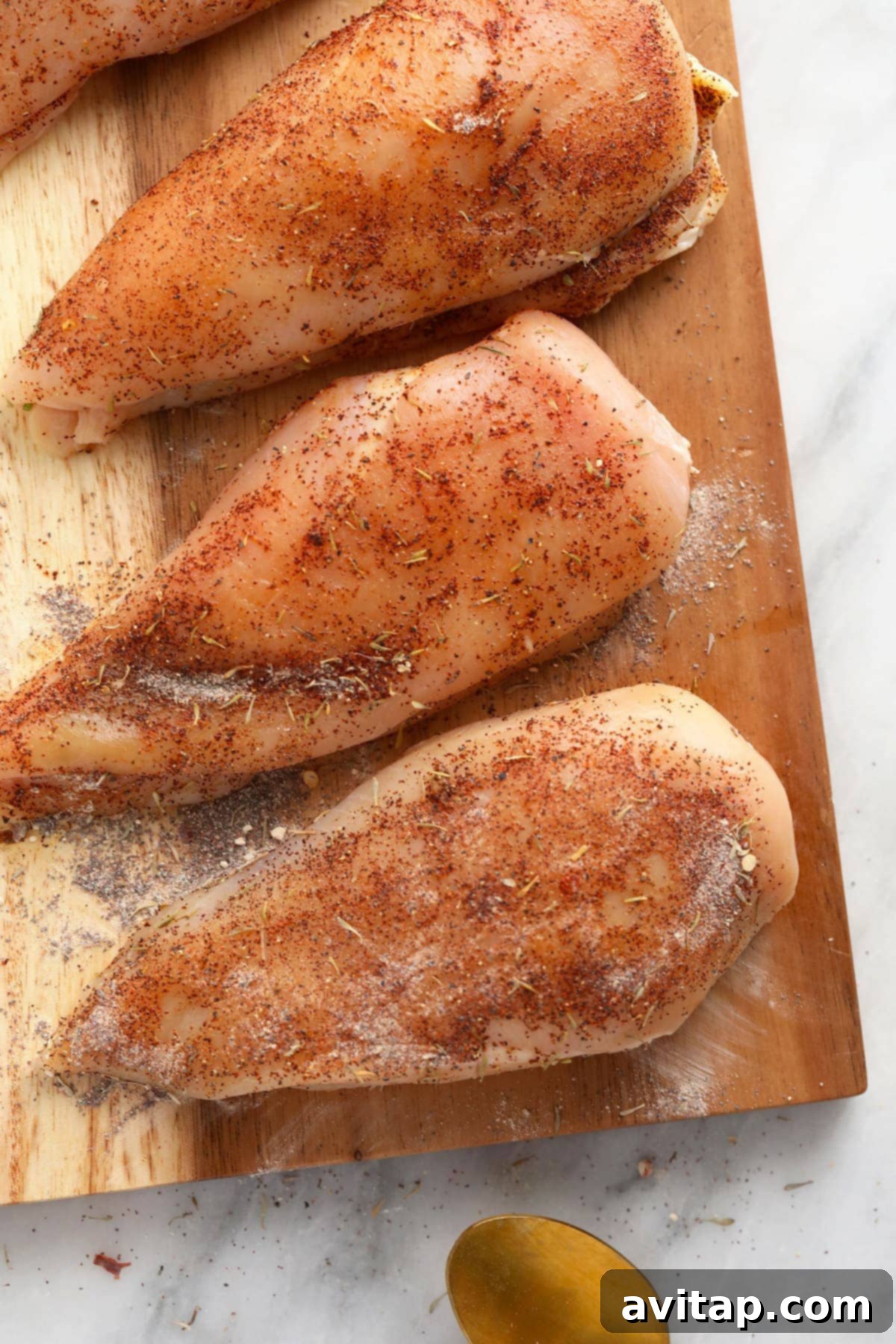 Raw chicken breasts on a cutting board, ready for preparation.