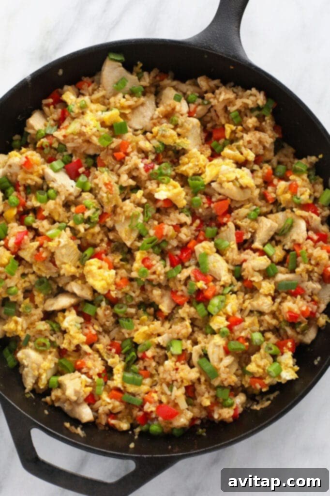 Close-up of chicken fried rice served directly from a cast iron pan