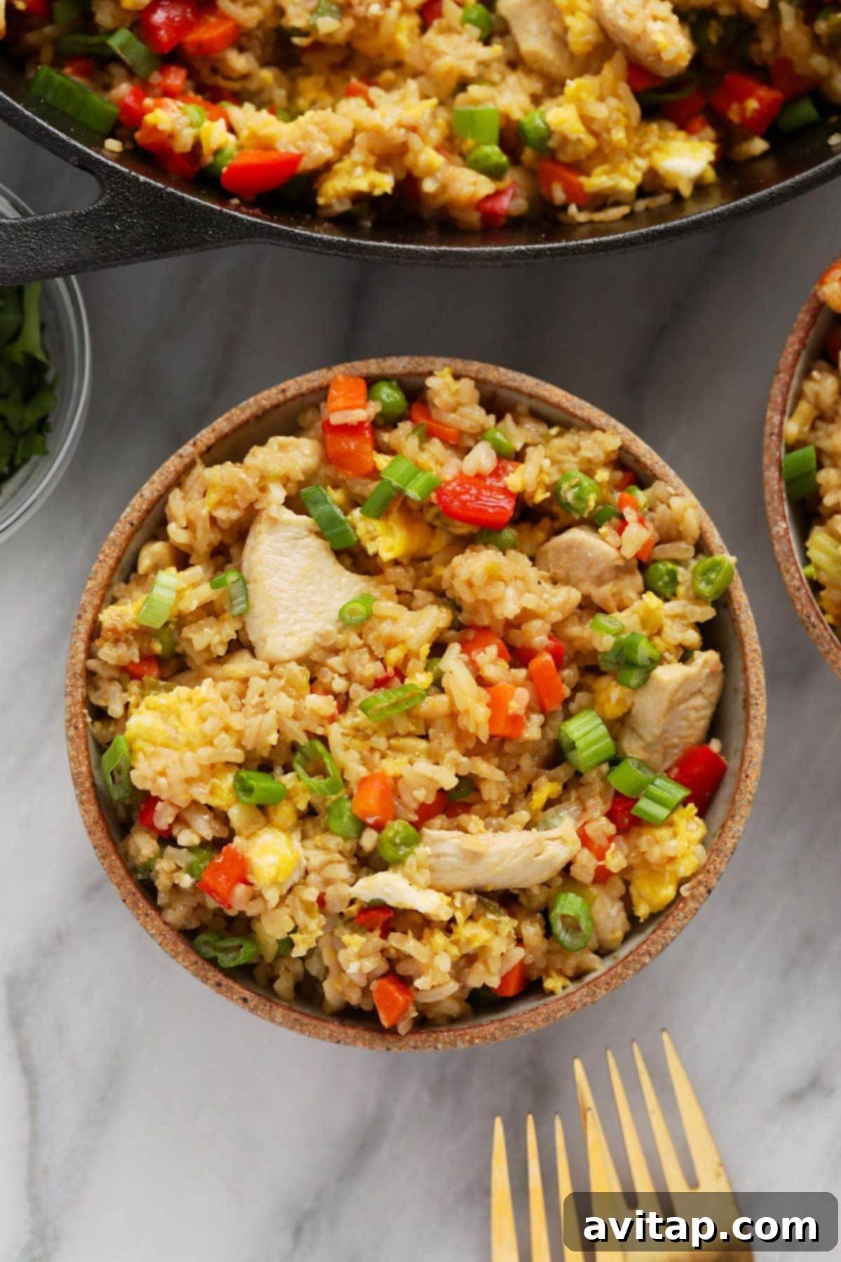 A serving of chicken fried rice in a white bowl, garnished with fresh green onions