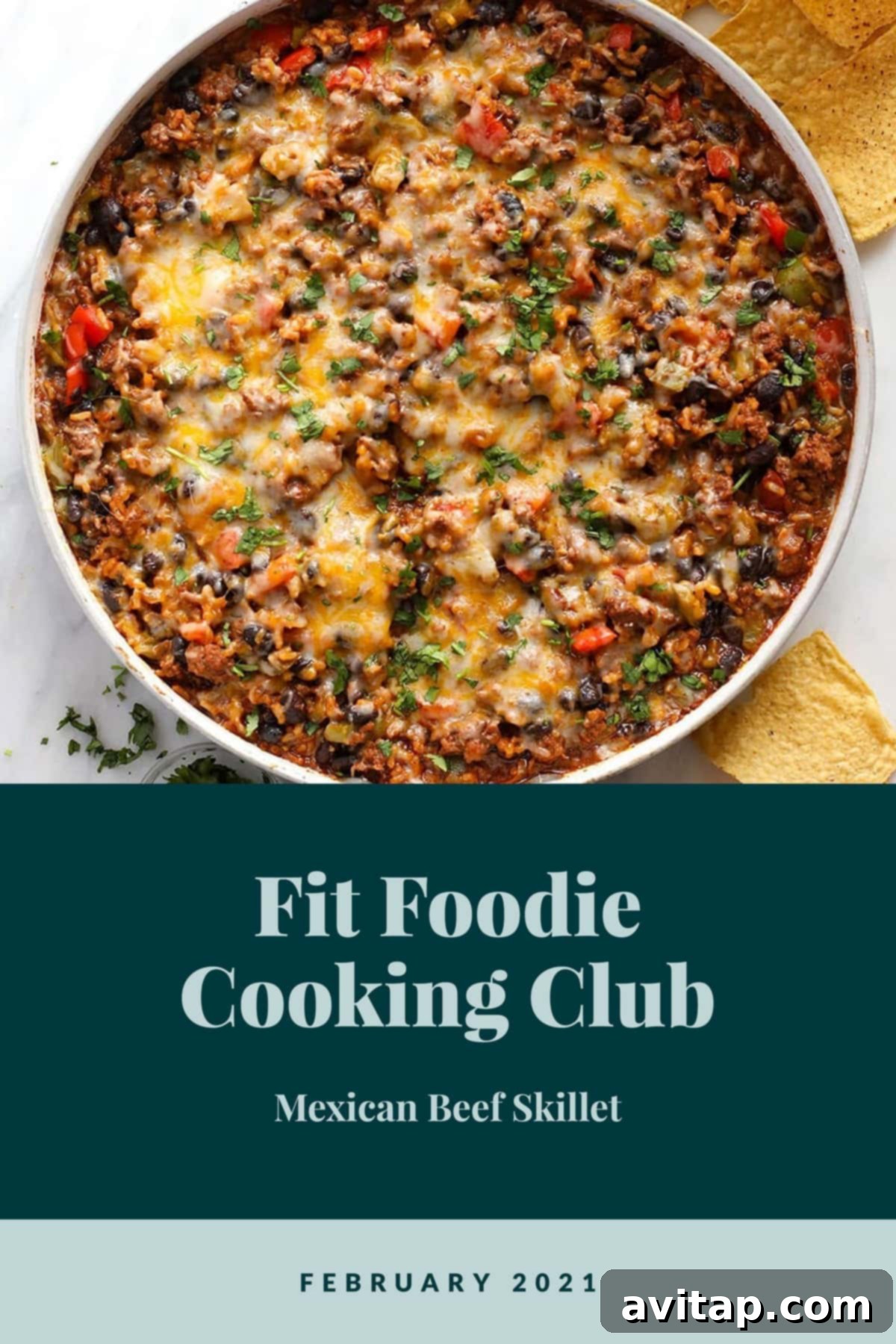 A vibrant Mexican Beef Skillet, packed with seasoned ground beef, black beans, quick-cooking rice, and colorful bell peppers, garnished with fresh cilantro and ready to be served from the skillet.