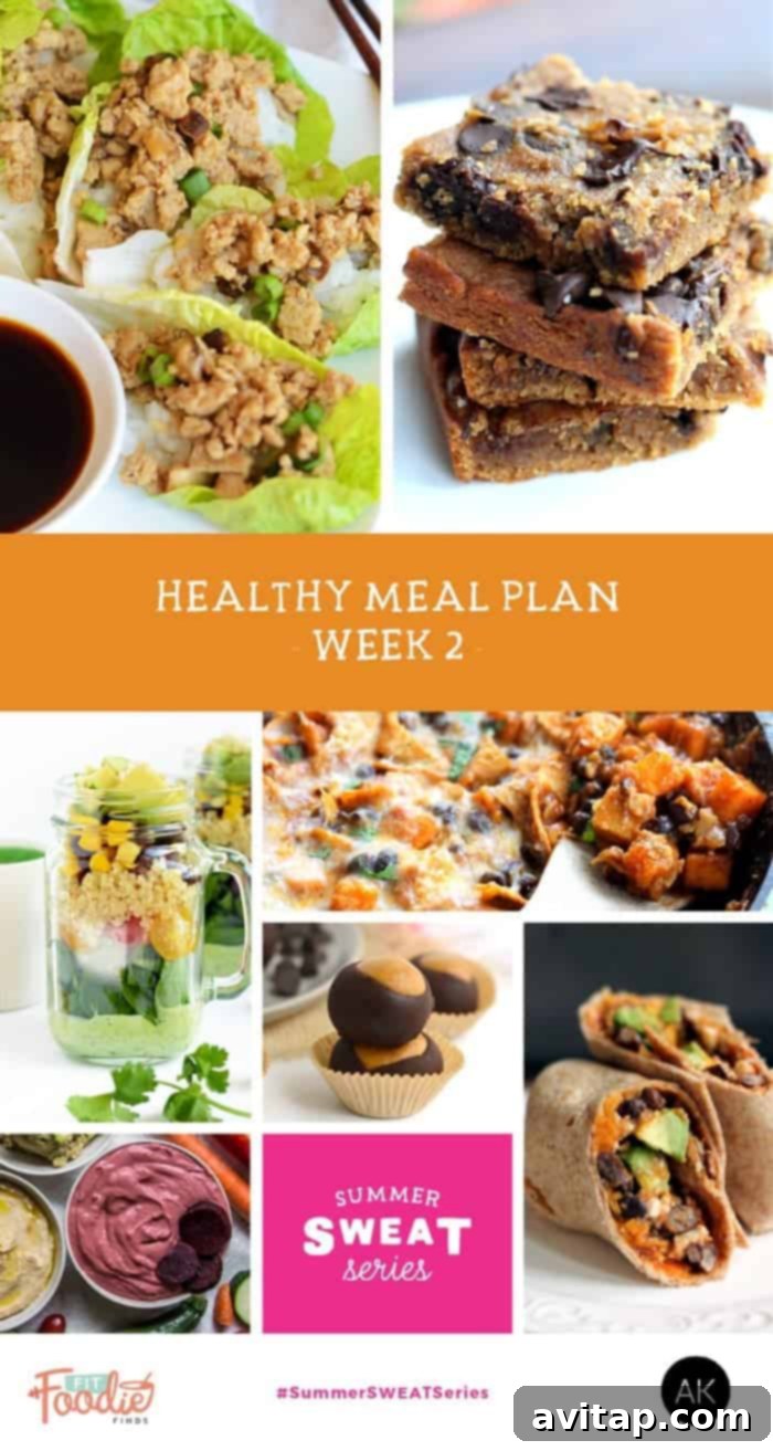 It's week 2 of the Summer SWEAT Series. Download your free, printable meal plan and grocery list filled with nutritious meals, snacks, and even dessert! 