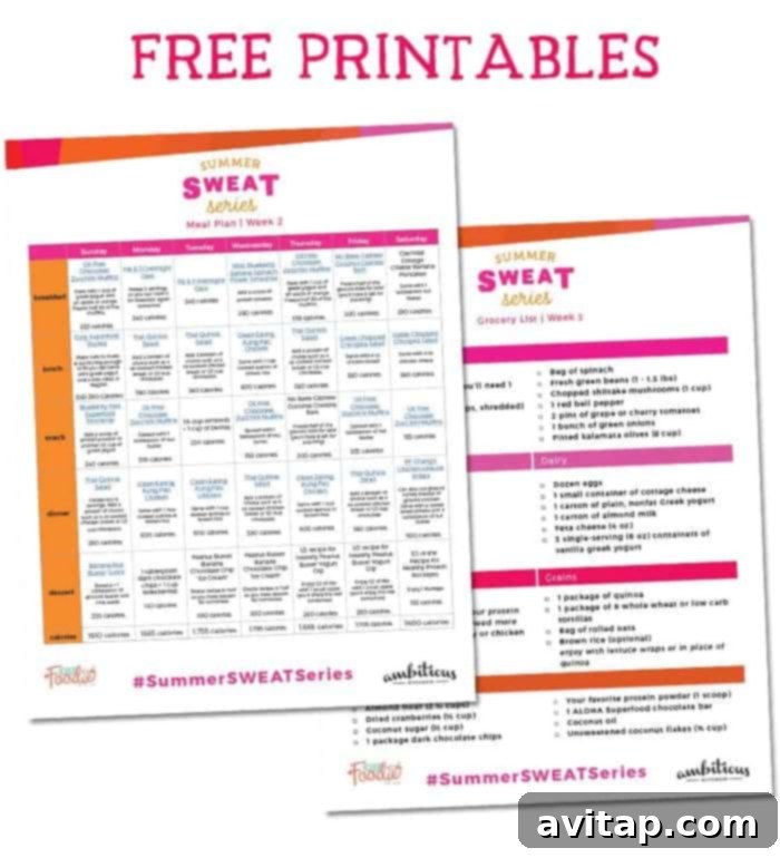 It's week 2 of the Summer SWEAT Series. Download your free, printable meal plan and grocery list filled with nutritious meals, snacks, and even dessert! 