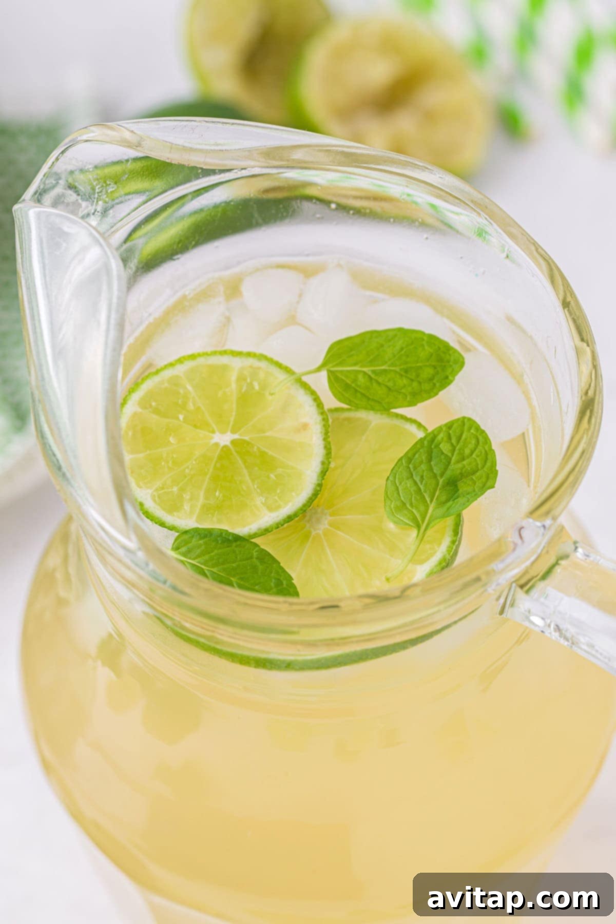 A refreshing pitcher of homemade limeade, sparkling with ice and adorned with fresh lime slices and mint sprigs, looking absolutely delicious and inviting.
