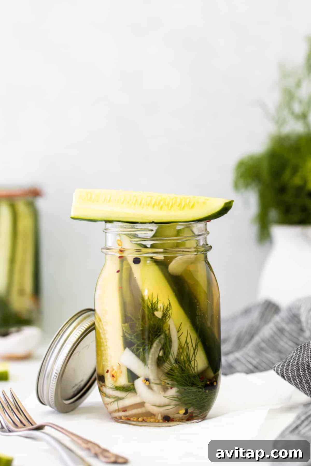 A crisp refrigerator pickle sitting on top of a jar, ready to be enjoyed with a meal.