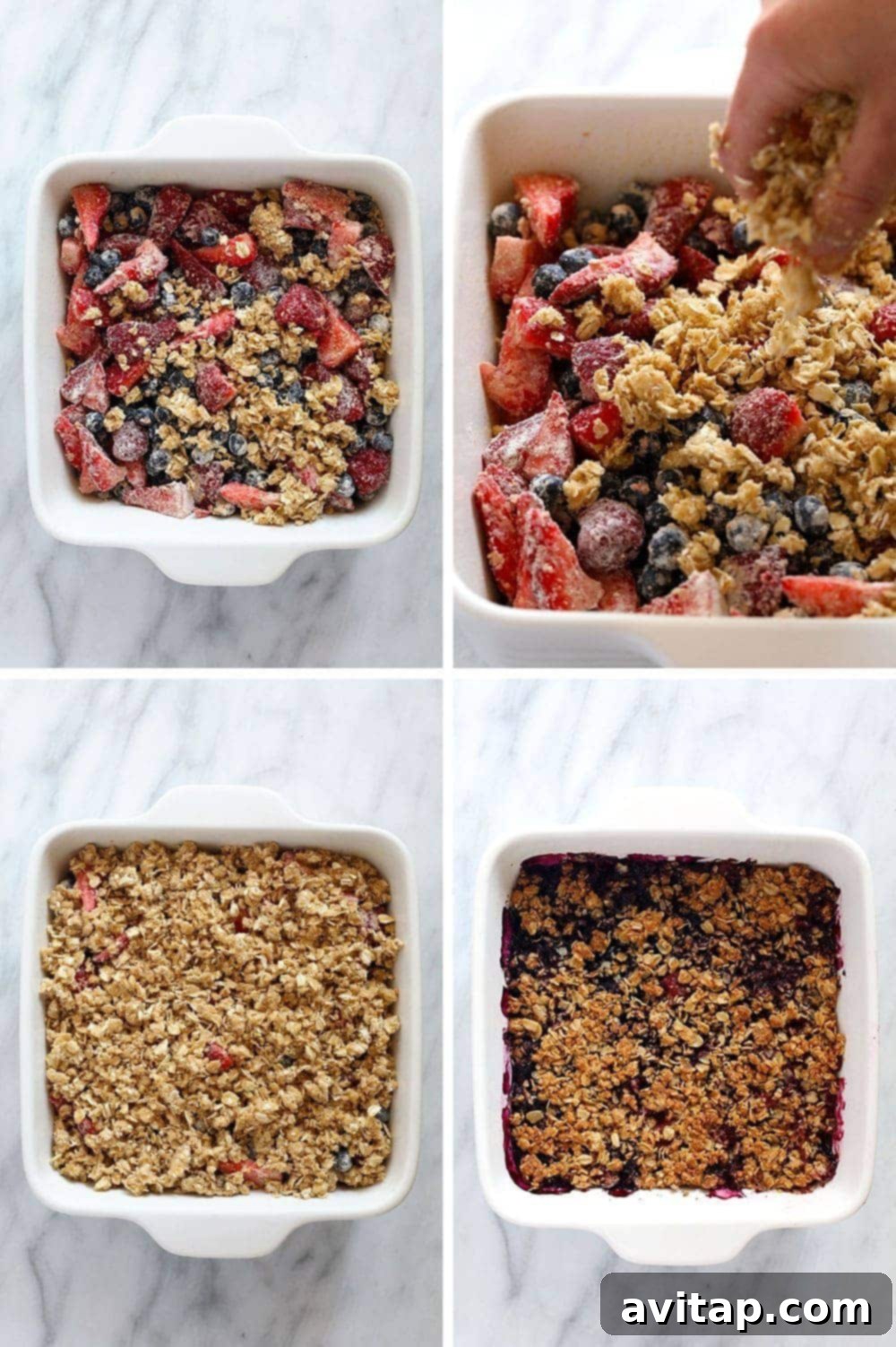 process photos preparing the berry crisp in a white dish