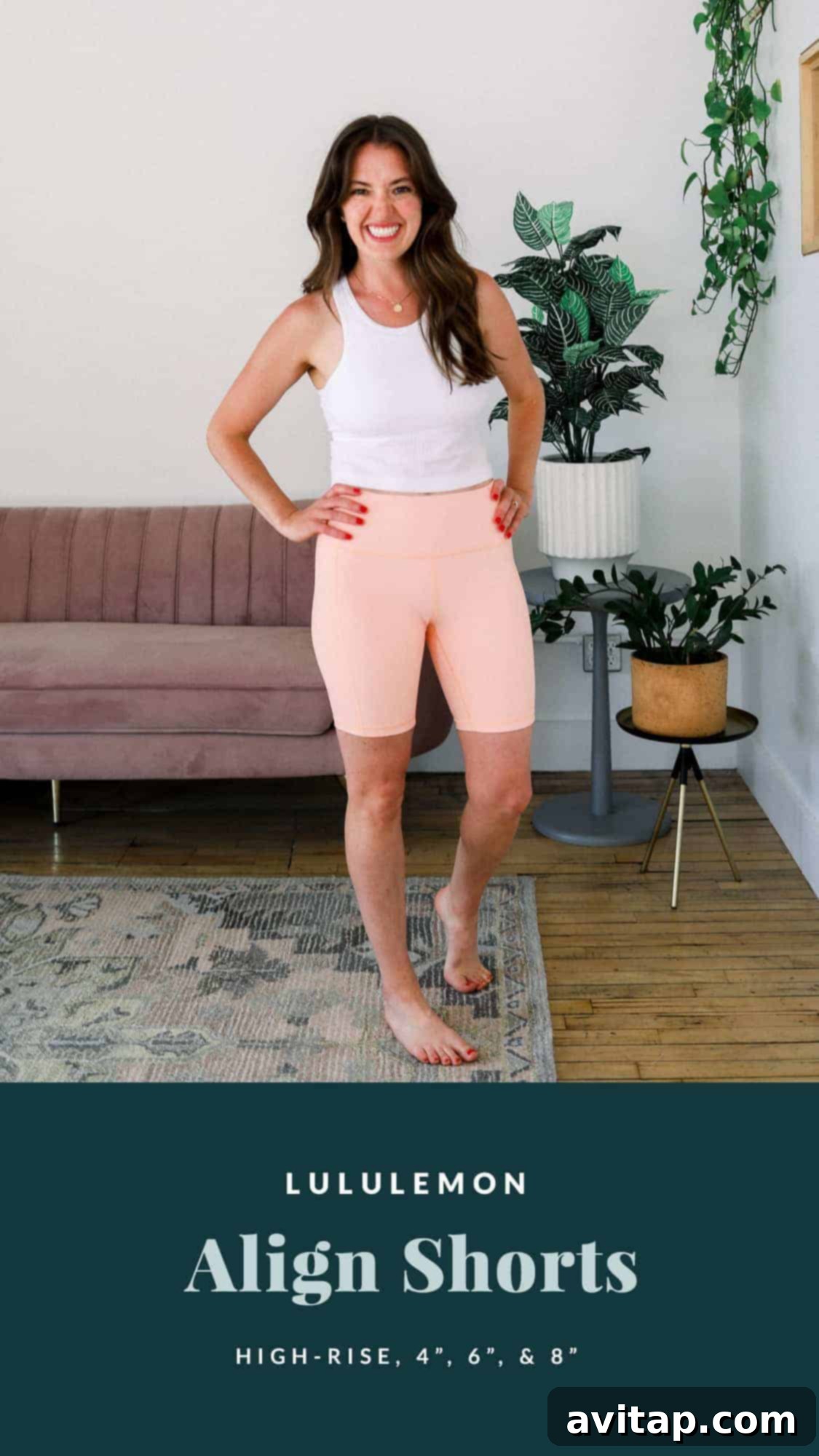 Experience the buttery-soft feel of Lululemon Align shorts for ultimate comfort. Linley wearing Lululemon Align shorts in a soft peach color, showcasing comfort