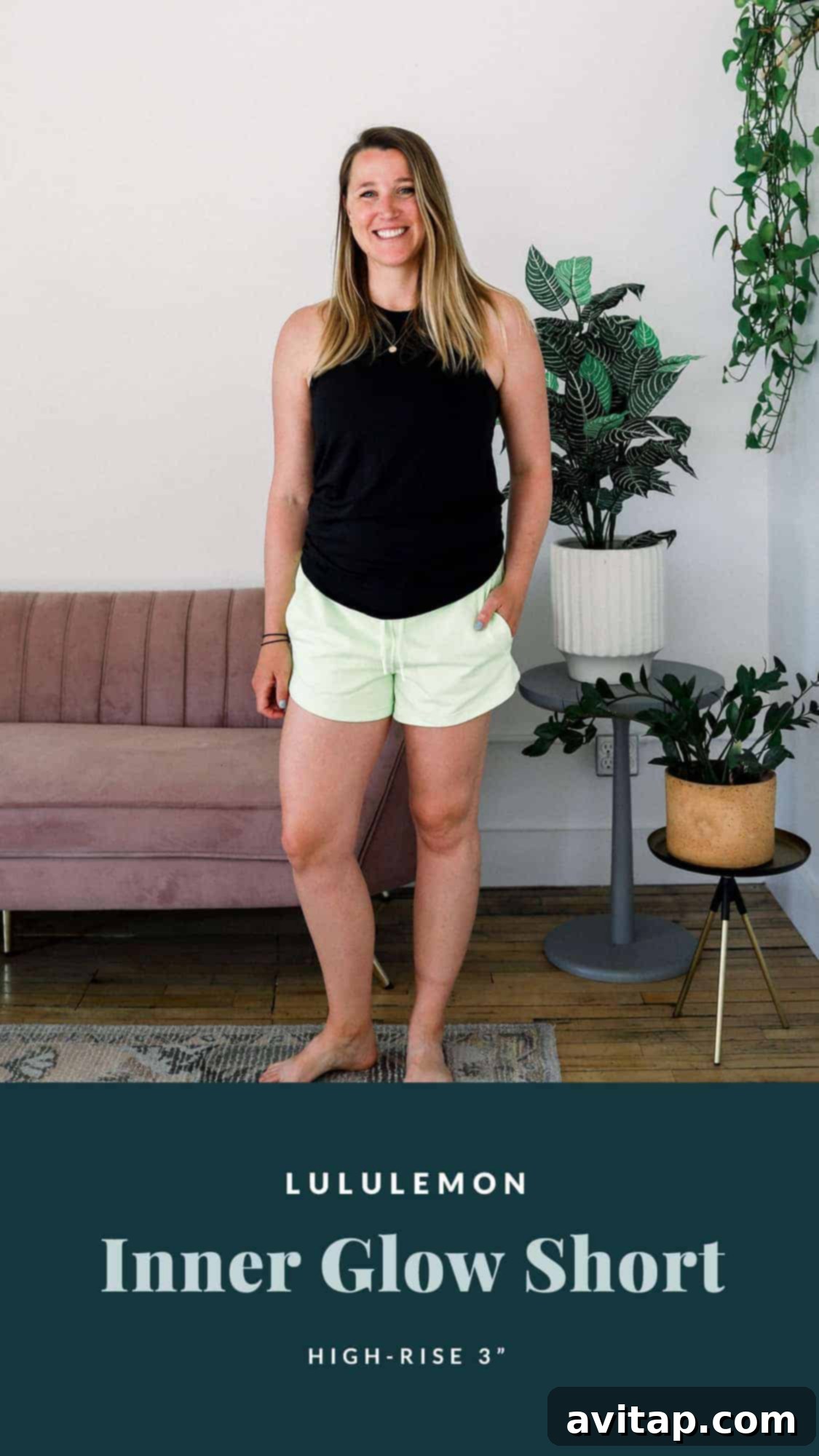 Discover the supreme comfort of Lululemon Inner Glow shorts for lounging and recovery. Emily smiling and comfortably wearing Lululemon Inner Glow shorts in a casual setting