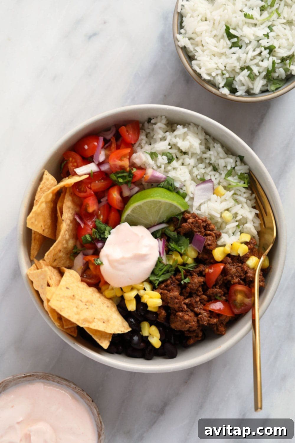 Delicious and filling beef taco bowls, perfect for meal prep.