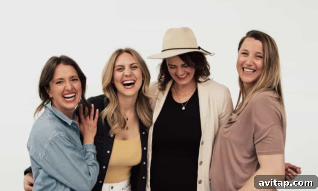 Four women proudly wearing necklaces from The Femme Collection, showcasing diverse body shapes and celebrating the female form.