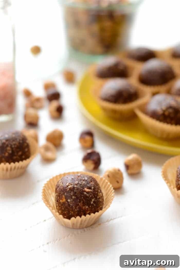 Delicious and healthy Nutella Sea Salt Energy Balls made from hazelnuts, cocoa powder, dates, and sea salt, perfect for a guilt-free snack.