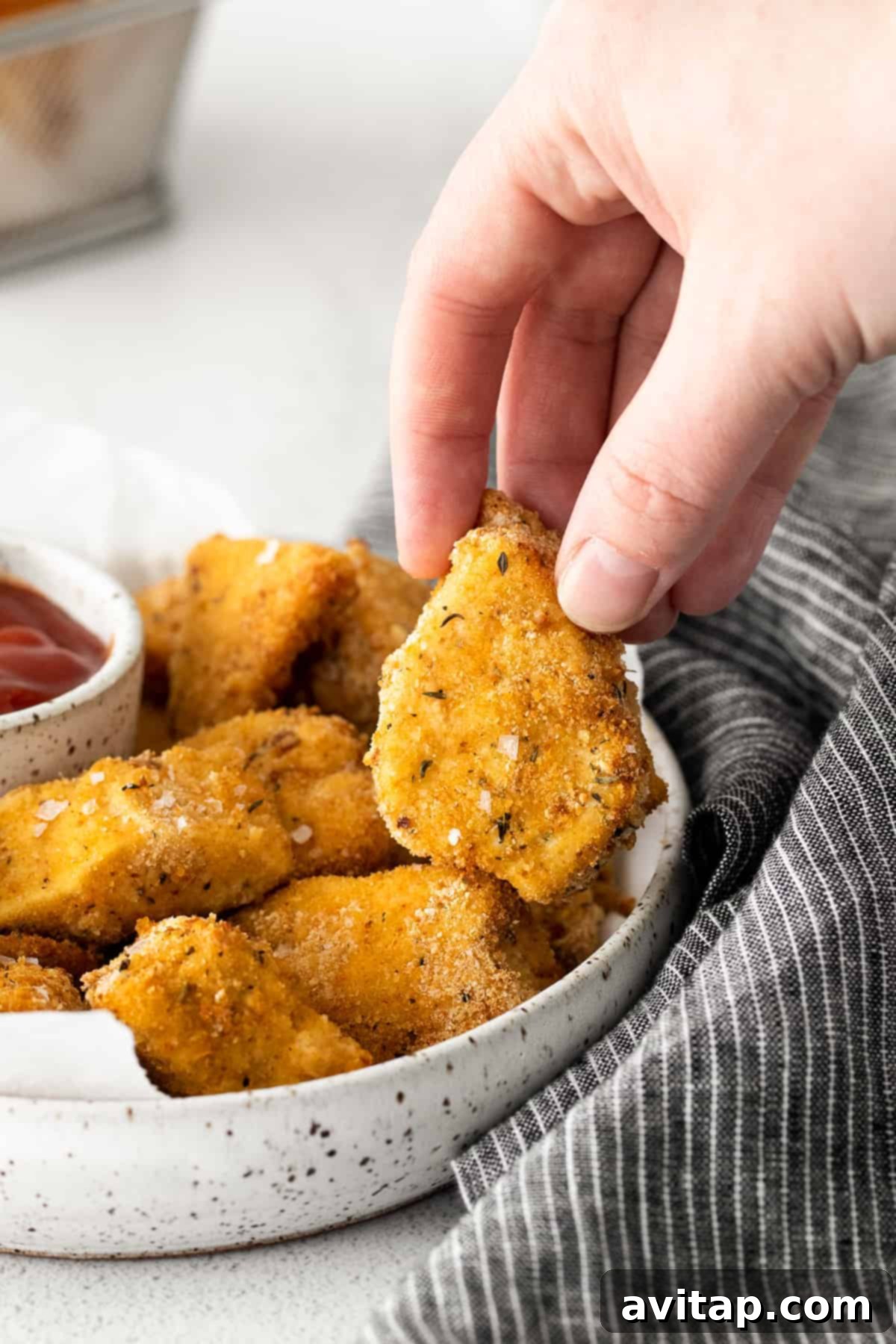 A hand holding a perfectly breaded and air-fried chicken nugget, highlighting its golden-brown, crispy texture against a blurred background.