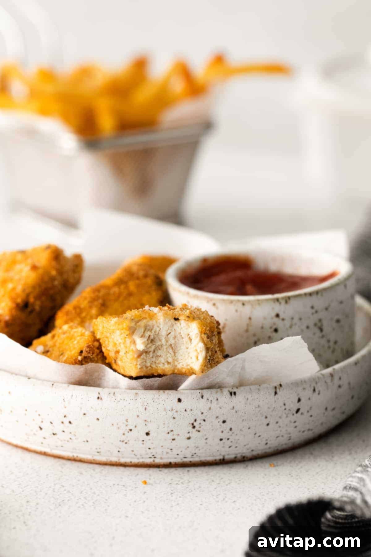 A plate of freshly air-fried chicken nuggets perfectly arranged next to a small bowl of BBQ sauce, inviting a delicious dipping experience.