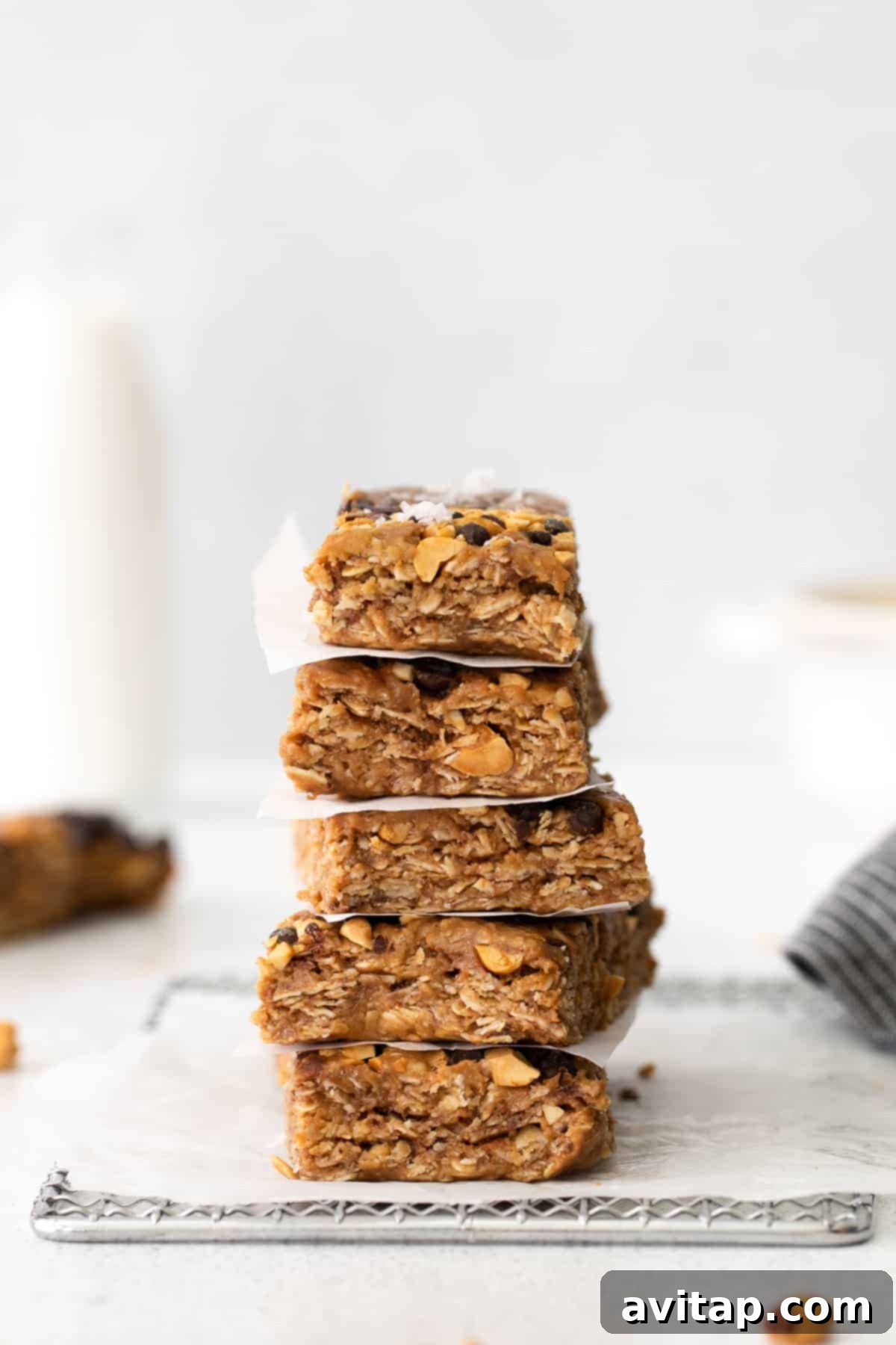 Stack of homemade peanut butter chocolate chip granola bars
