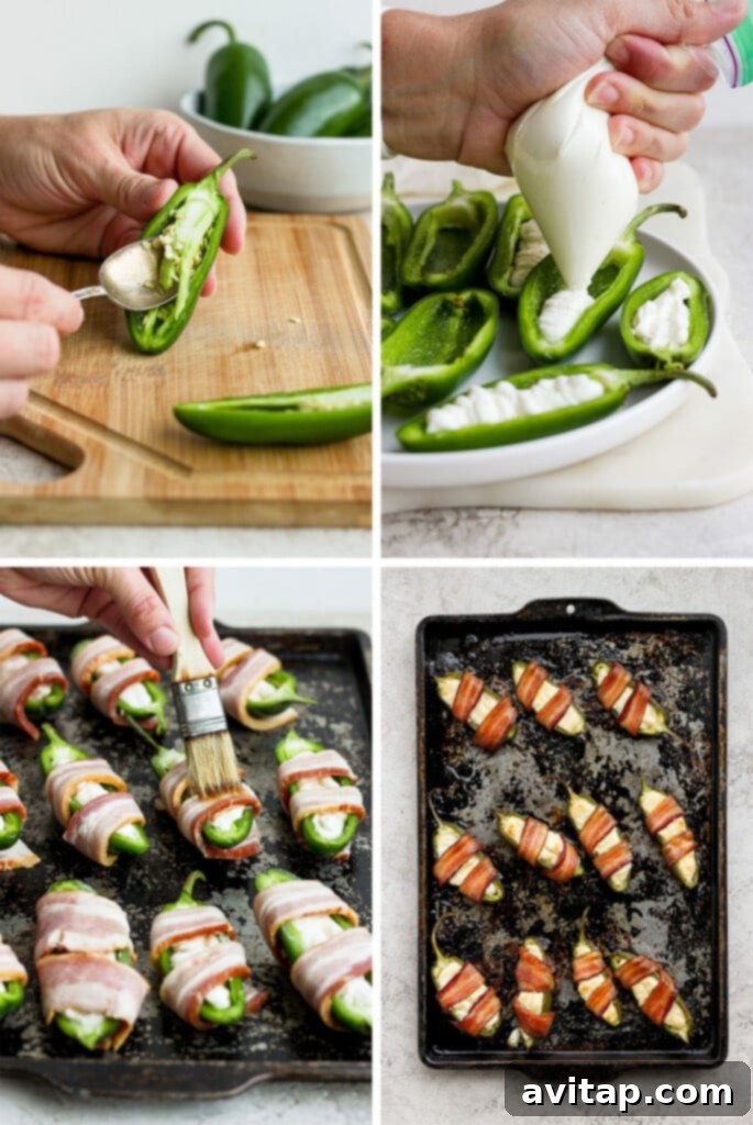 A collection of step-by-step photos demonstrating the process of preparing jalapeno poppers, from slicing peppers to wrapping with bacon.