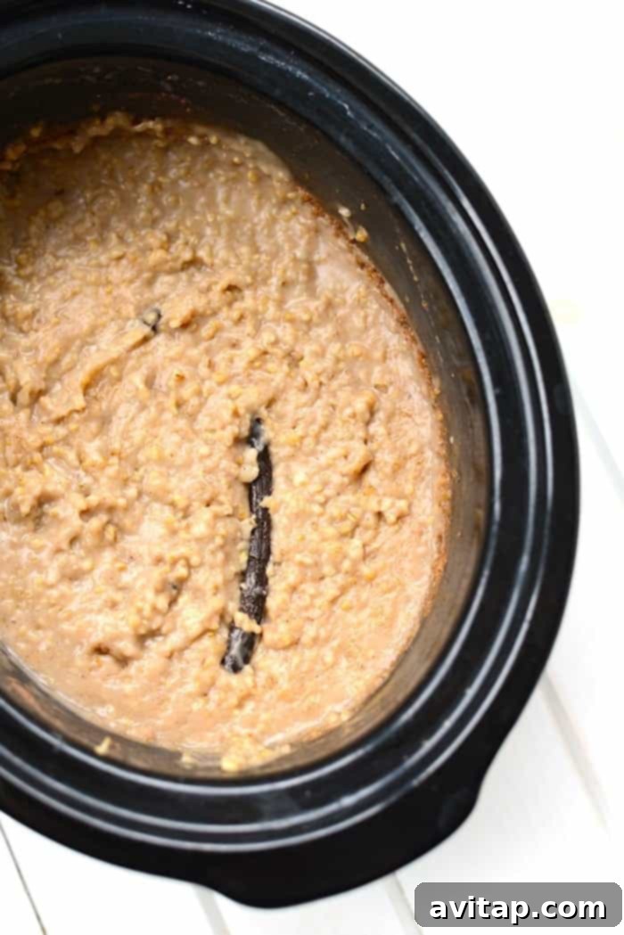 Steel Cut Oats simmering gently in a slow cooker, illustrating the hands-off cooking method for an effortless overnight breakfast.