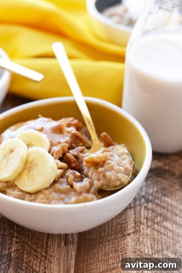 A close-up shot of slow cooker steel cut oats, showcasing their creamy texture and inviting warmth, ideal for a wholesome breakfast.