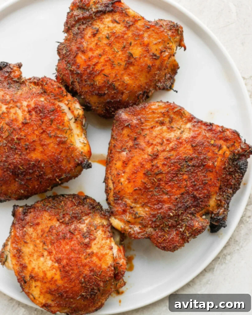 Achieve the crispiest air fryer chicken thighs with our savory chicken seasoning blend. An ideal quick dinner option! Crispy air fryer chicken thighs perfectly golden brown on a white plate, garnished with fresh herbs, ready to be served.