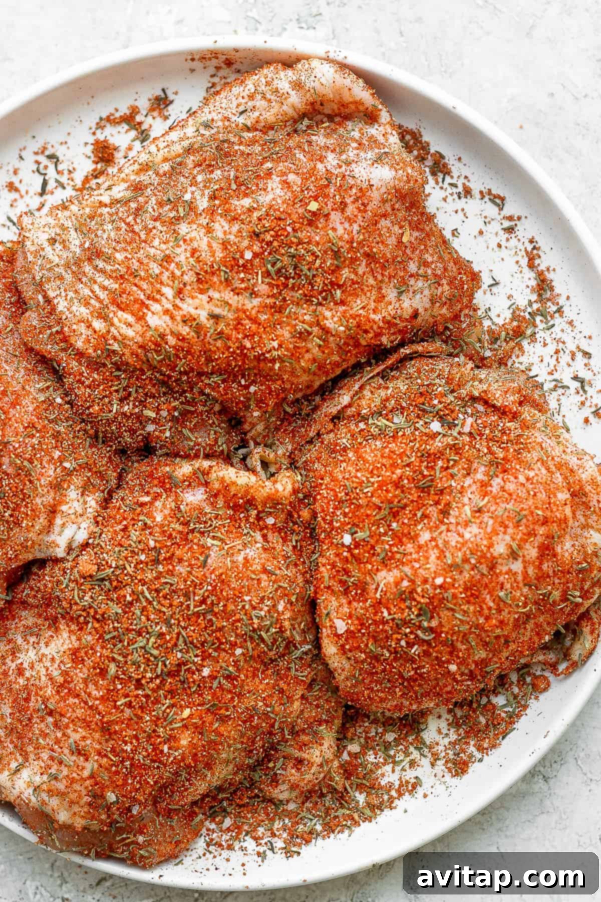 Perfectly seasoned chicken thighs waiting to be air fried for an incredibly crispy and flavorful meal. Raw chicken thighs generously coated with a dry rub seasoning, ready for the air fryer to achieve perfect crispiness.