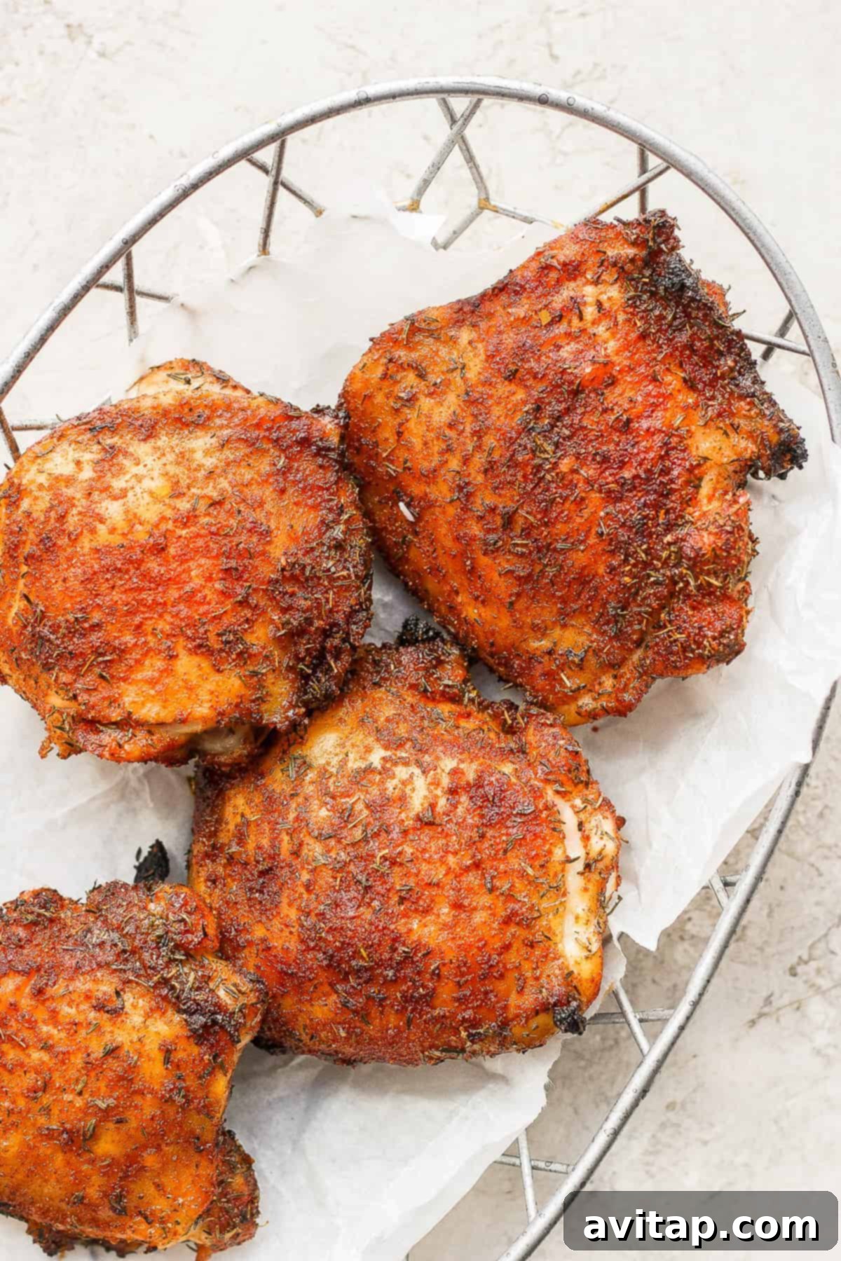 Crispy air fryer chicken thighs, beautifully golden and ready to be removed from the air fryer basket for serving. Two perfectly cooked, golden-brown crispy air fryer chicken thighs resting in an air fryer basket after cooking.
