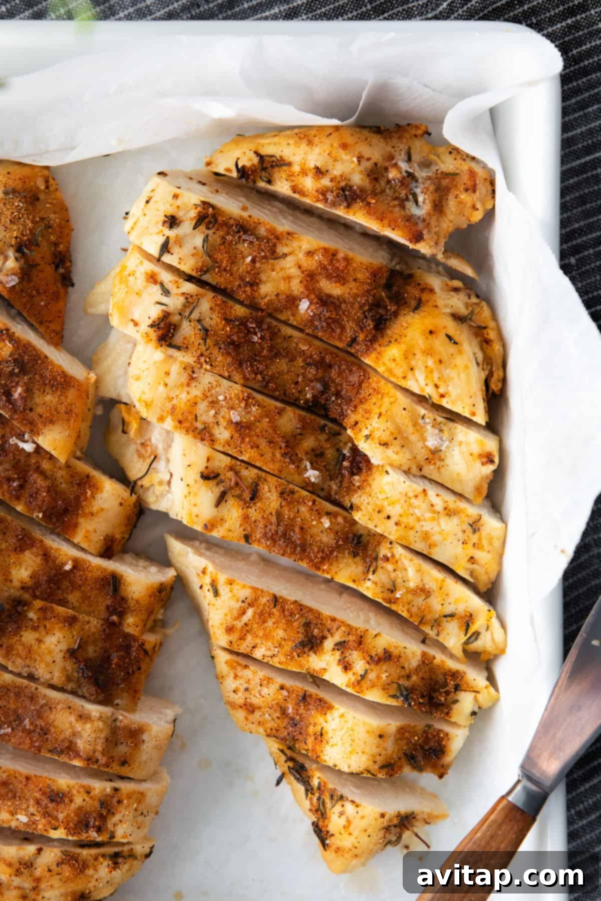Perfectly sliced air fryer chicken breast ready to serve in a dish.
