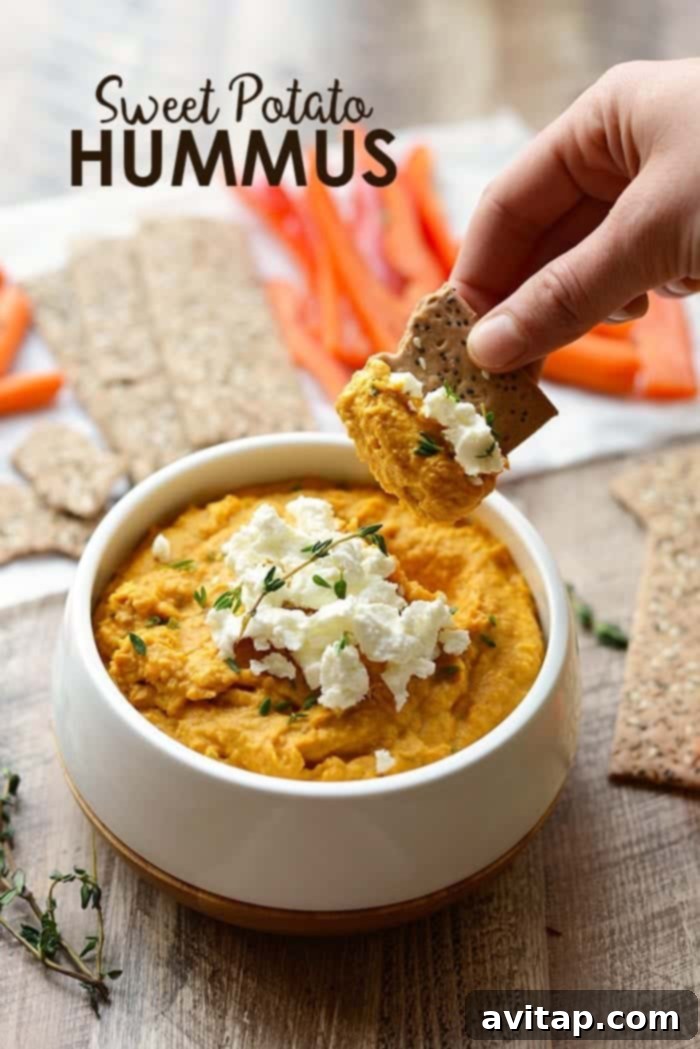 Homemade Sweet Potato Hummus: A healthy, fiber-packed snack or appetizer. Creamy sweet potato hummus served with a cracker in a white bowl, perfect for a healthy snack or appetizer.