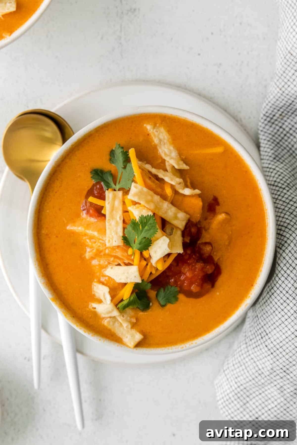 Chilis Hearty Chicken Enchilada Soup 2 A steaming bowl of homemade Chili's Chicken Enchilada Soup, garnished with fresh cilantro and tortilla strips.