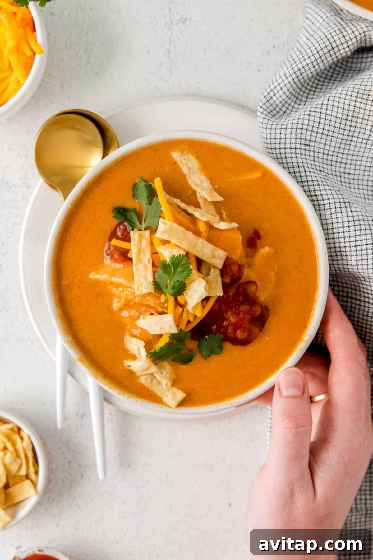 Chilis Hearty Chicken Enchilada Soup 6 A beautifully presented bowl of Chicken Enchilada Soup, ready to be enjoyed.