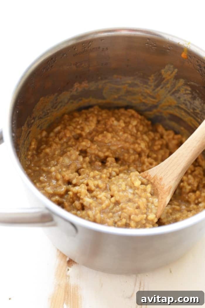 A close-up shot of creamy pumpkin rice pudding in a serving bowl, showcasing its smooth texture and hints of spice. It's ready to be enjoyed as a healthy fall breakfast or dessert.