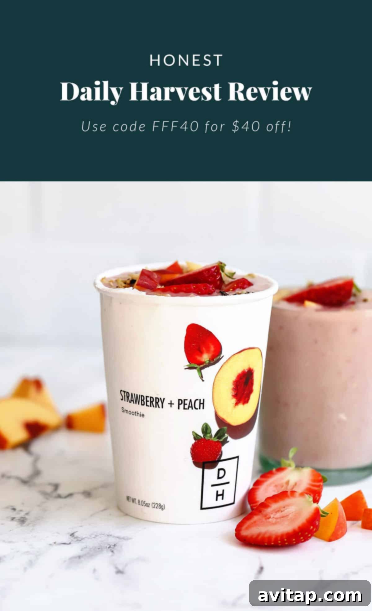 daily harvest smoothie in a cup topped with fresh berries, showcasing a healthy, vibrant meal