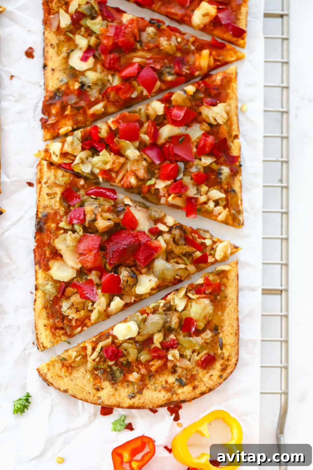 Daily Harvest flatbread cut into triangular slices, ready for serving