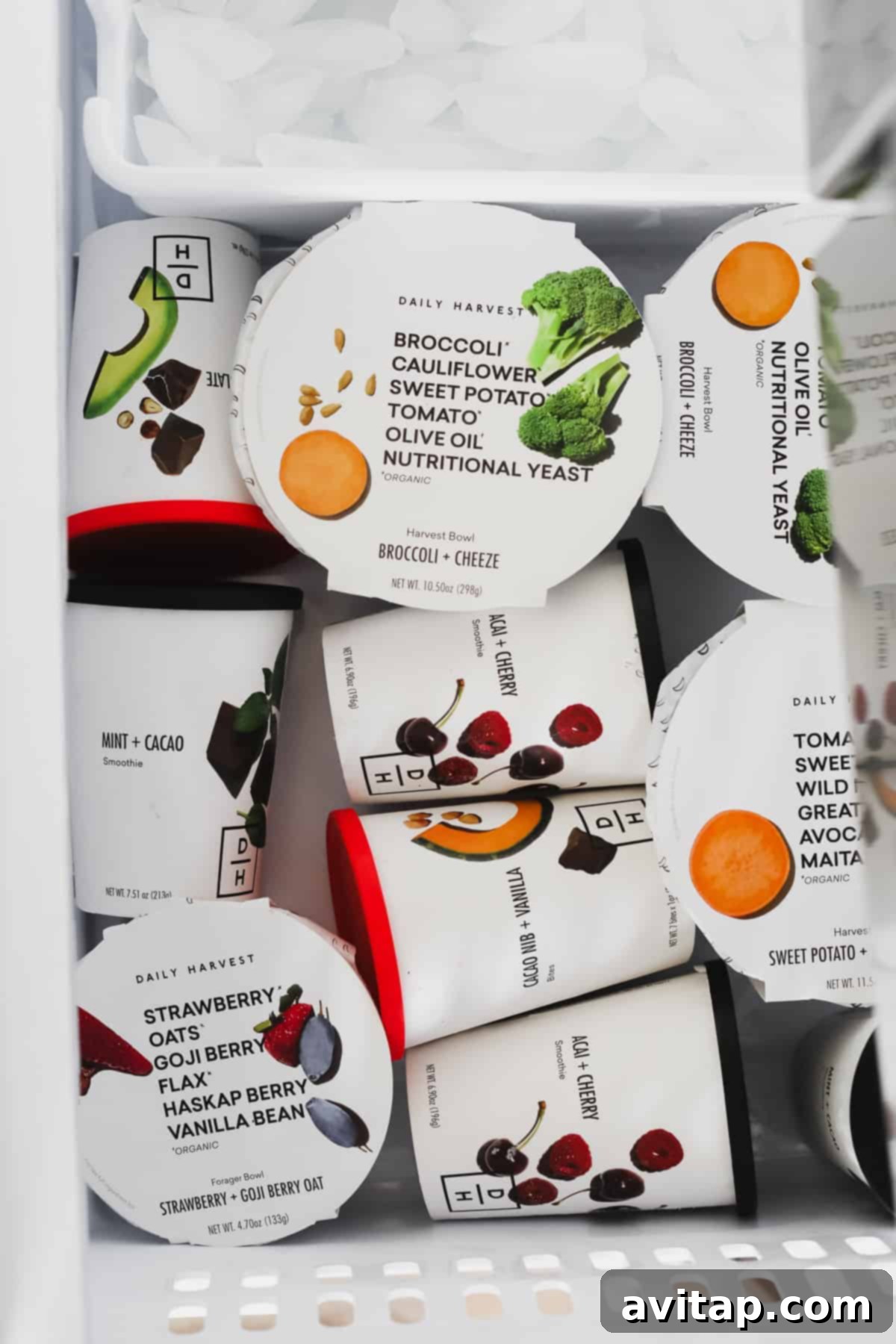 daily harvest products neatly organized in a freezer, showcasing convenience and variety