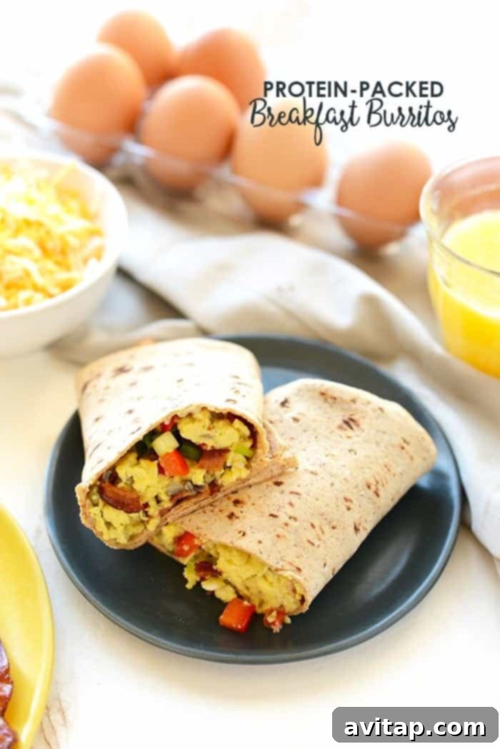 A beautifully wrapped protein-packed breakfast burrito, ready to eat or freeze for later, ideal for meal prep.